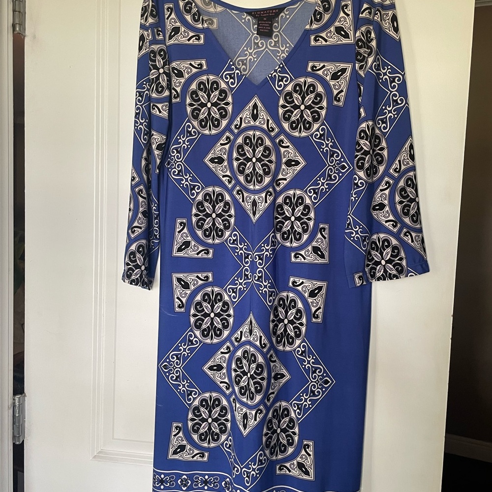 Robbie Bee Blue and Black Geometric Long Sleeve Dress